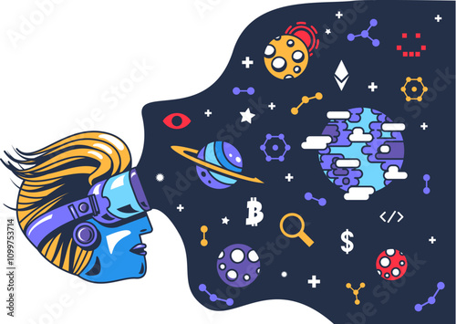 User in virtual reality glasses looks into Metauniverse. High tech tools to build virtual reality. Colored cartoon vector in comic futuristic style isolated on white background