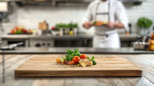 Chef preparing a colorful dish with fresh vegetables on a wooden tabletop, out of focus restaurant kitchen in the background. photo