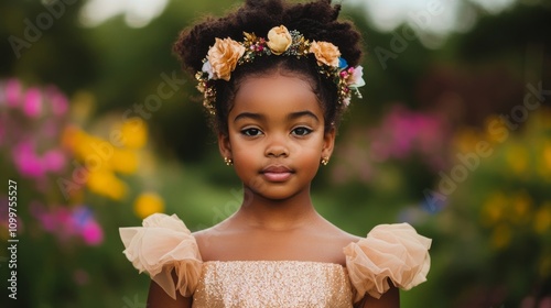 Little African American girl wearing a princess crown, dressed in a sparkly gown, spinning joyfully in a garden, magical and whimsical feel 