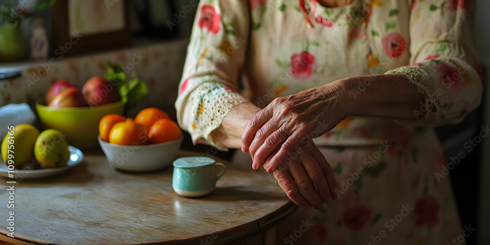 Obraz premium The Passage of Time: A close-up shot of an elderly woman's hands, displaying the delicate beauty of age and the quiet wisdom they hold. The image evokes a sense of reflection, resilience.