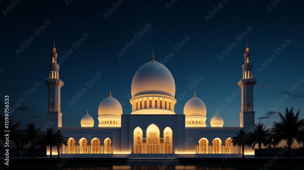 Obraz premium Majestic mosque exterior at night, domes illuminated in soft golden light, surrounded by palm trees under a starry sky 