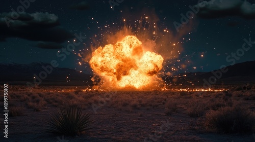 Controlled detonation creates a dramatic nighttime explosion with vibrant orange flames and scattered debris illuminating the dark sky in a remote area. photo