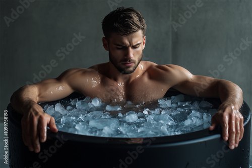 A Man Immersing in Ice Bath Pod for Cold Therapy and Stress Relief 