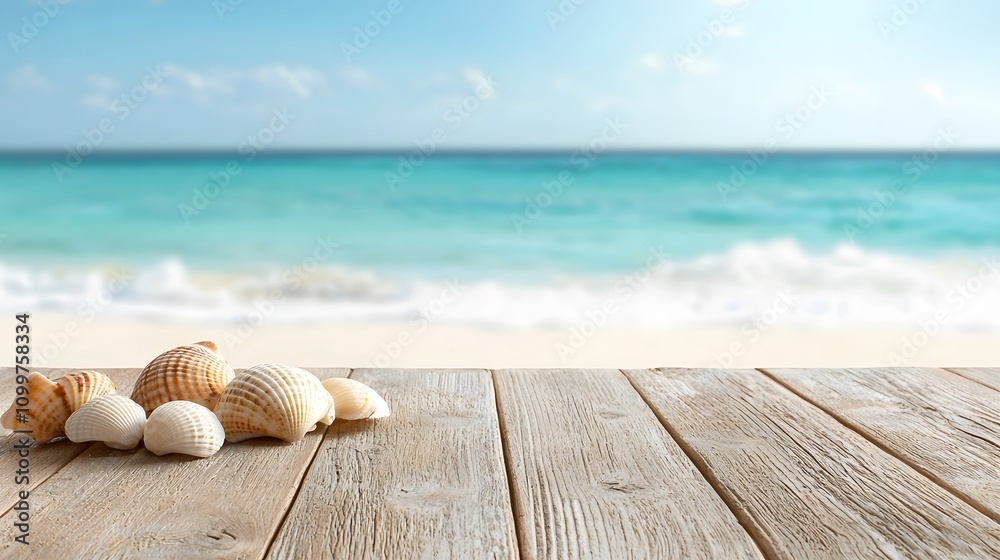 Obraz premium A rustic wooden table with seashells scattered across the surface, blurred tropical beach waves in the background. 