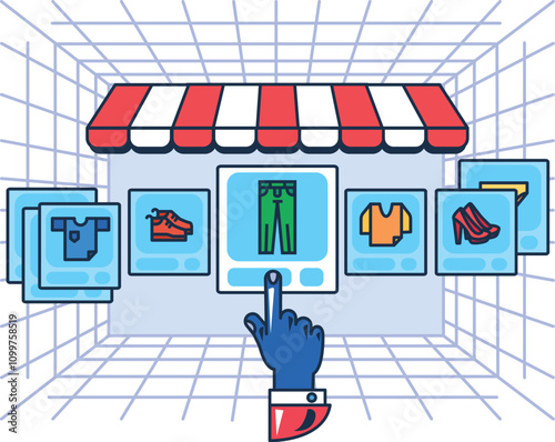 Online metaverse shopping. User interface for choosing purchase in virtual reality store. Cyber consumerism. Colored cartoon vector in comic futuristic style isolated on white background