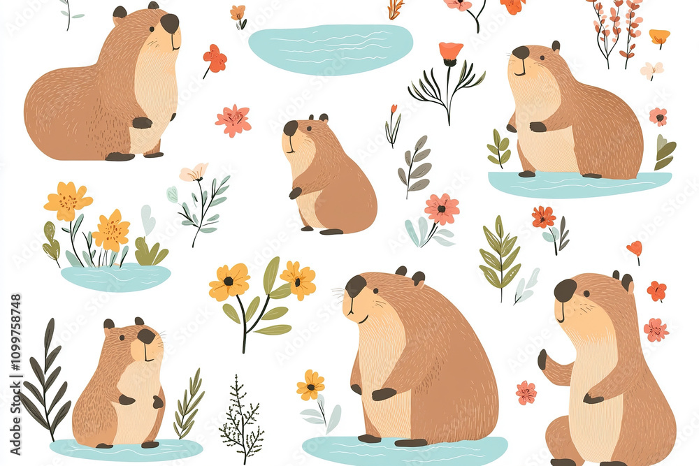 Fototapeta premium Background of a Capybaras in different scenes with flowers.