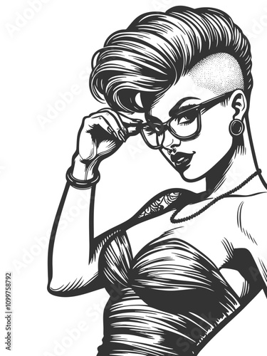 Stylish punk woman, mohawk and tattoos adjusting her glasses, alternative fashion sketch engraving generative ai fictional character vector illustration. Scratch board imitation. Black and white image