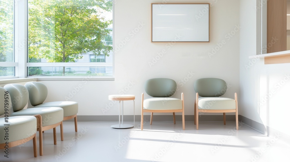 Fototapeta premium IVF healthcare medical concept, A bright, modern waiting area featuring minimalist design with green chairs and a small table, illuminated by natural light.