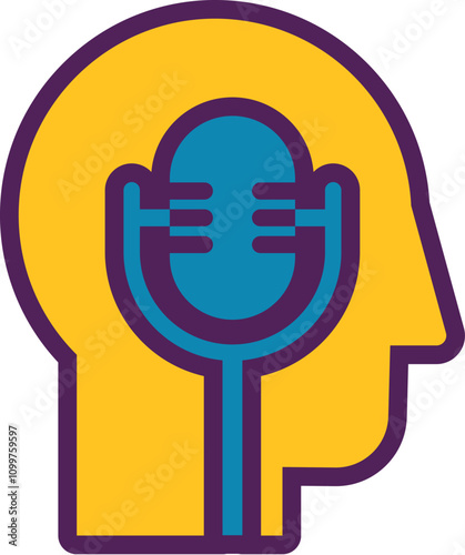 Vector colorful illustration of a human profile with a microphone in an outline style. The power of voice and communication in the digital age. Symbol of online platform for podcasting or studio,