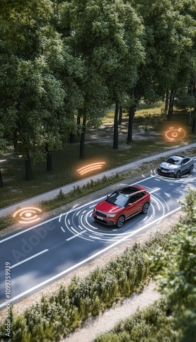 Future Transportation, Connected Cars Driving on the Road with Smart, Wireless Technology Signals