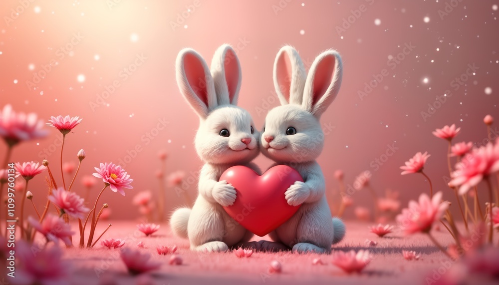 Obraz premium Two cute white rabbits hold big pink heart in romantic pink flower garden. Adorable cartoon animals express love, devotion. Fluffy bunnies with happy expressions symbolize love, affection. Festive,