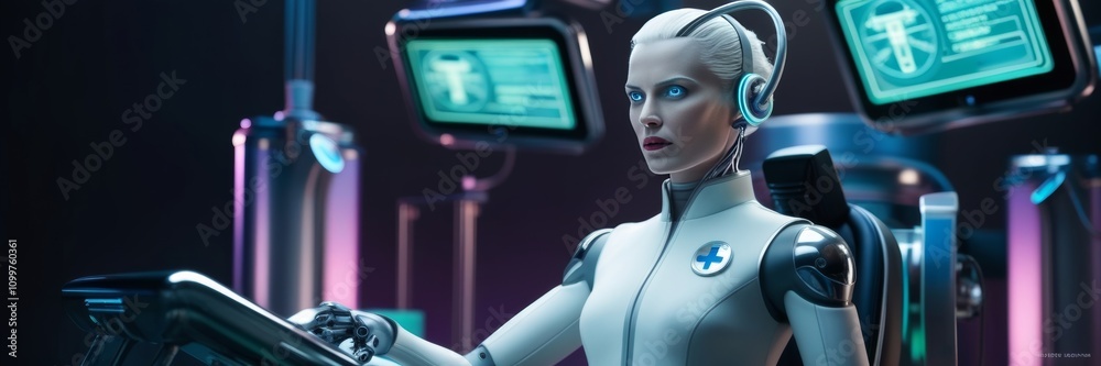 Obraz premium Futuristic humanoid robot doctor in a sleek white suit operates advanced medical equipment with glowing screens. Neon blue and purple lighting sets a high-tech, clinical ambiance