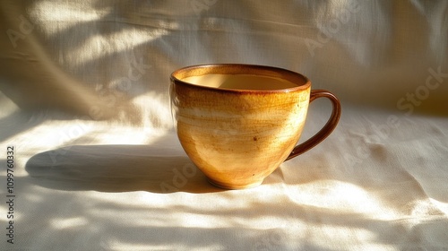 Ceramic coffee cup on a white tablecloth basking in morning sunlight, showcasing warm tones and soft shadows for a serene ambiance.