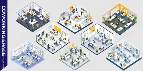 Isometric illustration of a modern coworking space with desks, computers, and people collaborating in a bright