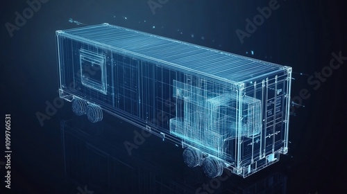 Abstract X-ray scanner analyzing freight containers, displaying glowing cargo shapes on a detailed digital grid with a dark blue background.