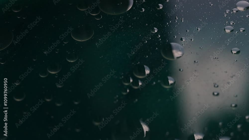 Una toma de cerca de varias burbujas de agua y aceite en movimiento en un fondo de color verde