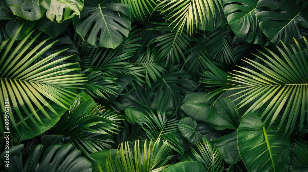 Fototapeta premium Tropical Leaf Textures: A captivating close-up of lush green tropical foliage, showcasing a vibrant tapestry of textures and patterns.