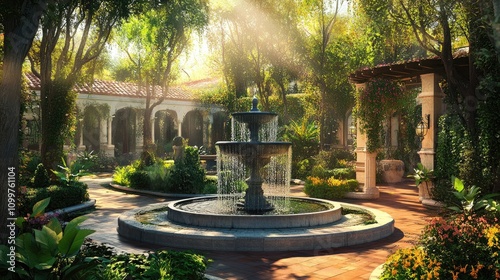 Serene garden scene featuring a sunlit fountain surrounded by lush greenery, elegant pathways, and charming architectural details. photo