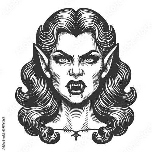 witch or vampire female portrait sketch engraving generative ai fictional character vector illustration. Scratch board imitation. Black and white image.