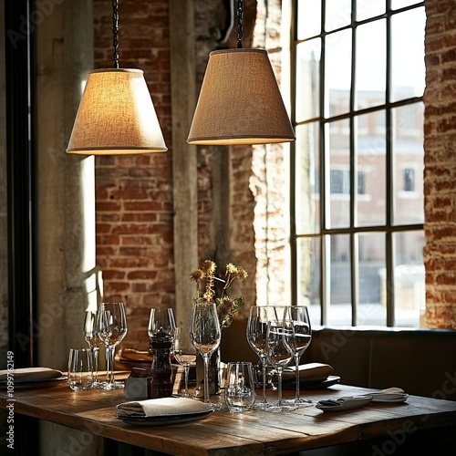 Restaurant interior with wooden table and warm light loft style lamps, served with glass flutes. Lititz, Pennsylvania photo