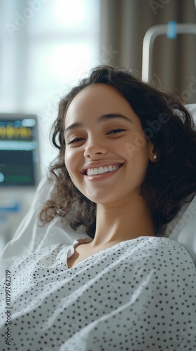 IVF healthcare medical concept, A smiling woman in a hospital bed, wearing a patient gown, conveying positivity and resilience during her recovery.