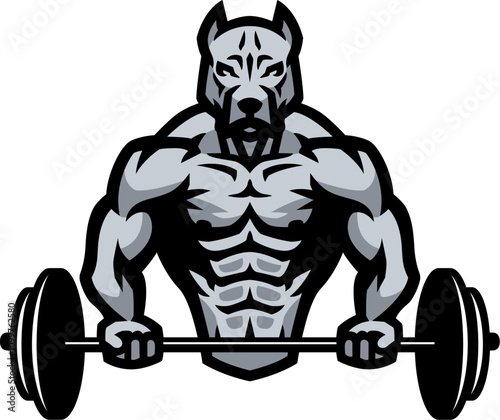 A bodybuilder with the head of a pitbull holds a barbell.