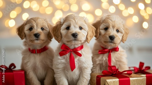 Small puppy with a red ribbon around its neck, nestled among holiday gift boxes, golden lights in the background, cozy and joyful present 