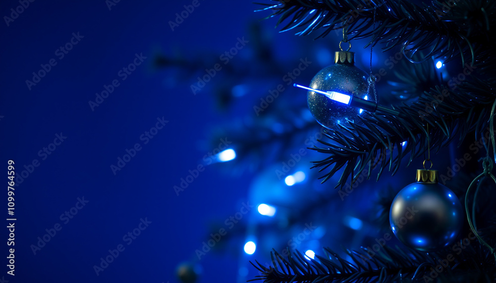 Fototapeta premium A festive winter night sky adorned with colorful fireworks, a sparkling Christmas tree, and twinkling stars