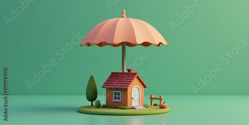 A miniature house nestles under a protective umbrella, symbolizing safety, comfort, and resilience against life's unpredictable storms photo