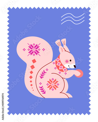 Postage greeting stamp with perforated zigzag edge with squirrel in Christmas style with snowflakes with knitted scandinavian ornament. Vector greeting cute illustration.