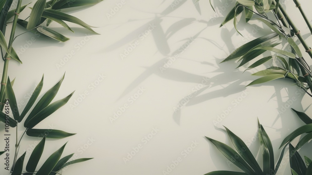 Fototapeta premium Bamboo Leaves Frame: A serene and minimalist composition showcasing delicate bamboo leaves framing a blank space, casting elongated shadows, perfect for a nature-inspired design backdrop.