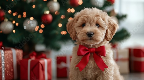 Tiny puppy with a big red bow, sitting under a decorated Christmas tree, surrounded by wrapped presents, festive and heartwarming scene 