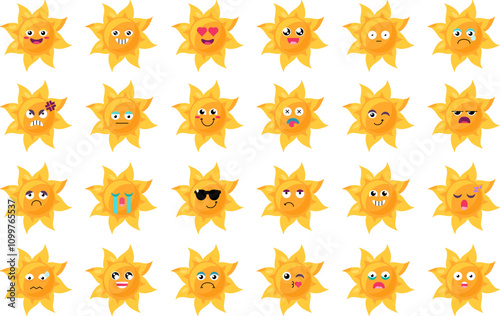 Facial expressions and moods of yellow Emoji sun. Design element for children weather forecast. Funny kids icon set. Simple cartoon vector elements kit isolated on white background