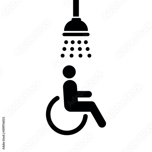 Vector Disabled Shower Room Flat Solid Icon. Handicapped or Accessibility Sign. Man in a Wheelchair in Accessible Shower Room Pictogram, Silhouette on White Background.	