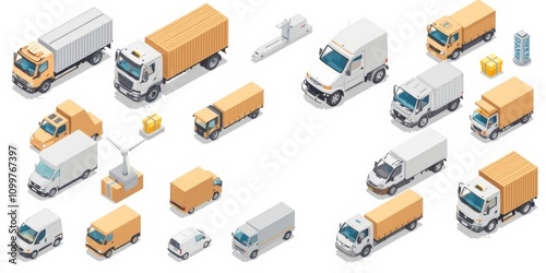 Isometric logistics icons set of transportation vehicles and delivery elements on white background with copy space,  transportation,  vehicles