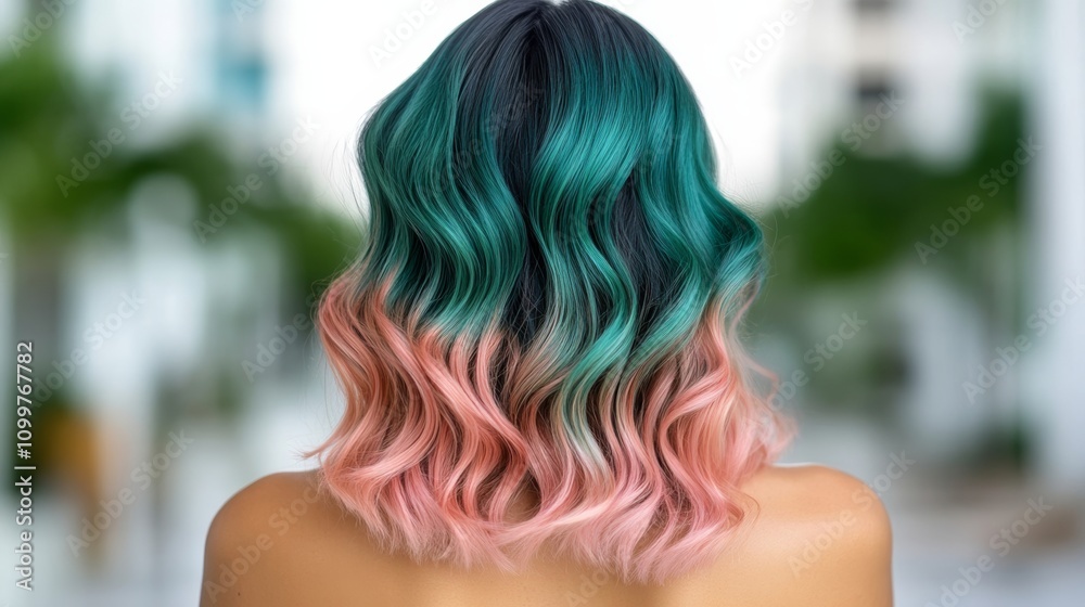 Fototapeta premium Woman with teal and rose gold balayage, soft curls, an unusual blend of warm and cool tones, artistic and eye-catching 