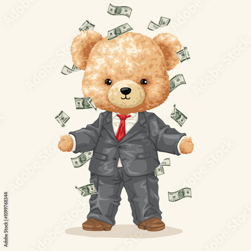 Business Teddy Bear in Suit Surrounded by Flying Money