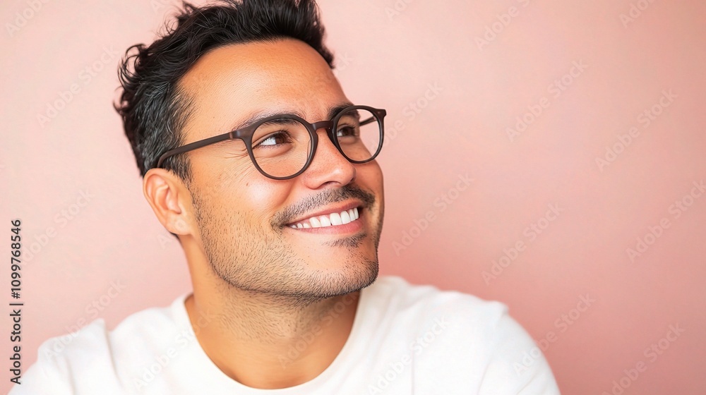 Fototapeta premium Smiling Hispanic Man with Glasses Posing Against a Pink Background