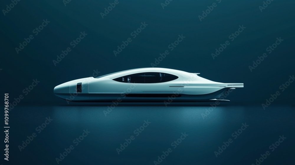 Fototapeta premium Futuristic sleek hyperloop transport concept vehicle on a dark background with a streamlined design and aerodynamic shape.