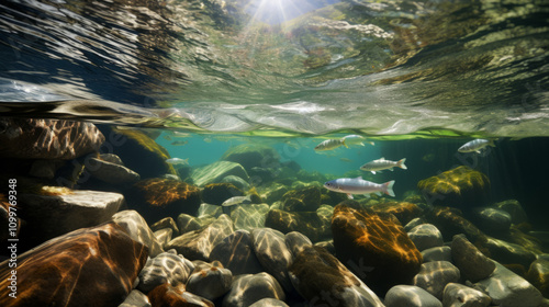 A crystal-clear mountain stream with trout swimming peacefully among smooth, rounded stones.