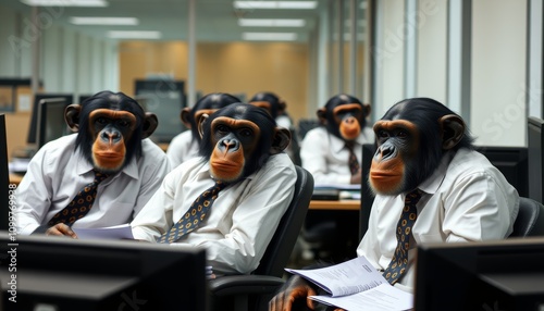 illustration of a team of monkey employees in a corporate office while working on computers on business strategies
