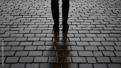 A person standing on a wet cobblestone street, creating a reflective mood and ambiance. photo