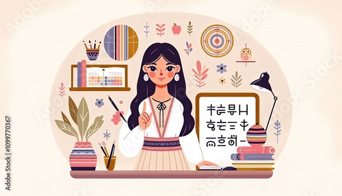 Cherokee syllabary teacher in a modern classroom setting with colorful decor
