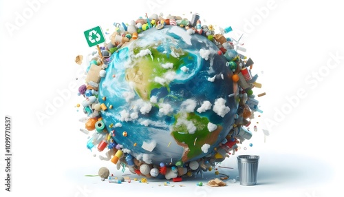 The planet earth with trash White background space for text the concept of ecology problem Earth day.
