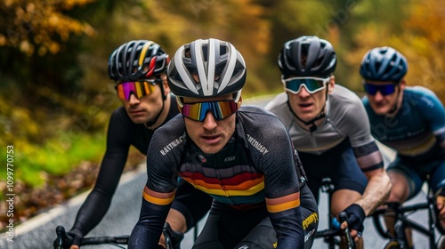 A group Of cyclists riding On a road wearing helmets and cycling gear with a focus On the lead cycl ist. photo