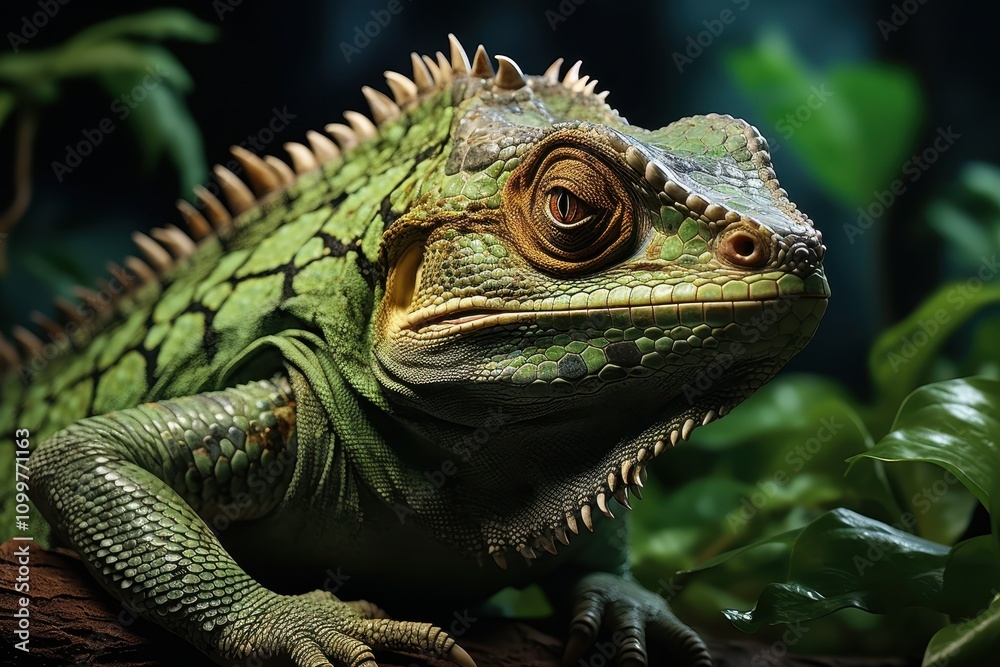 Fototapeta premium Chameleon on Branch in Lush Jungle Setting