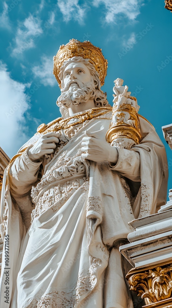 Fototapeta premium Majestic statue of a regal king against a bright blue sky.