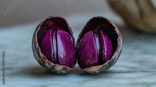 A vibrant purple pill nestled in a beautifully halved, textured shell, showcasing its glossy surface against a soft background. photo