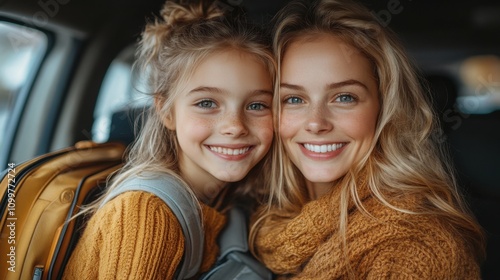 Mother and daughter smiling in a car with travel suitcases, joyful road trip, family bonding, happy vacation, exciting journey, cheerful mood, fun adventure, warm memories. photo