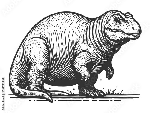 plump fat dinosaur body positive chubby T-rex body, showcasing unique, retro-inspired artwork sketch engraving generative ai vector illustration. Scratch board imitation. Black and white image.